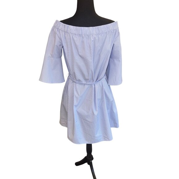 Donna Morgan Blue White Striped Off-Shoulder Dress Bell Sleeves Waist Tie Size 8 - Picture 3 of 10